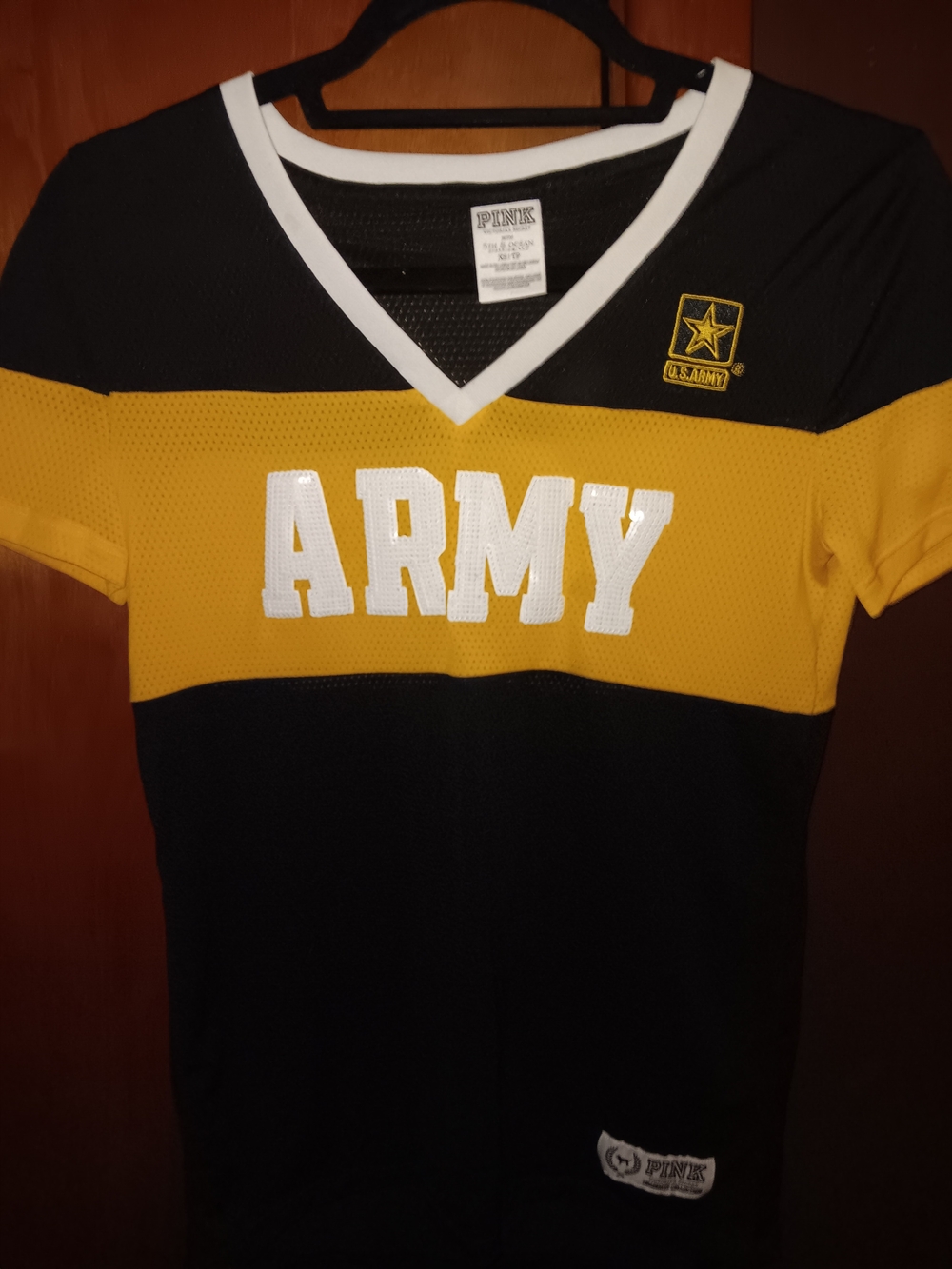 PINK Victoria's Secret Black and Gold 'ARMY' Short Sleeve Jersey Top